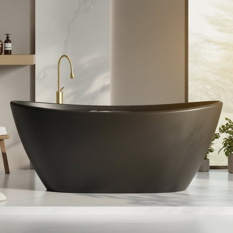 Baignoire autoportante KAKUSIGA de 61 pouces en résine de pierre et surface solide, 61", Black