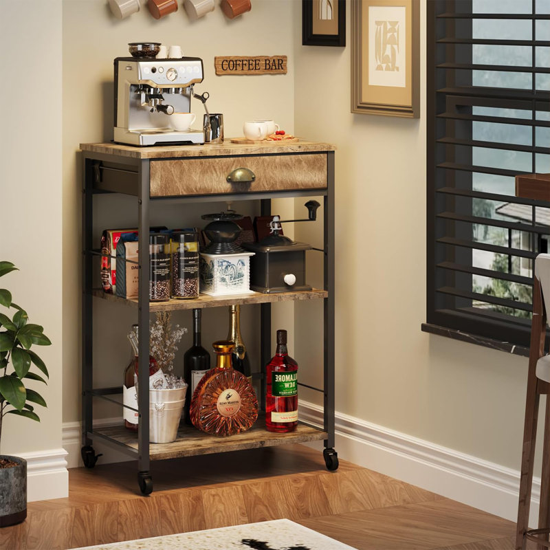 Coffee Bar Cart With Storage, 3-Tier Coffee Table With Drawer For Home Buffets & Sideboards,Coffee Station Corner Table With Rolling Wheels For Kichen, Entryway,(Brown And Black)