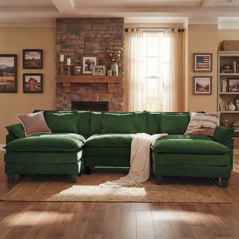 Canapé modulaire en forme de U de 120 po de largeur, canapé avec deux repose-pieds et coussins amovibles, Coton vert