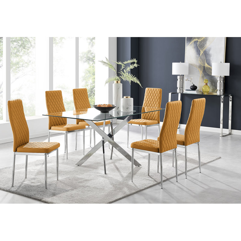 Lenworth Modern Chrome Metal and Glass Dining Table Set with 6 Luxury Faux Leather Dining Chairs, Mustard Yellow
