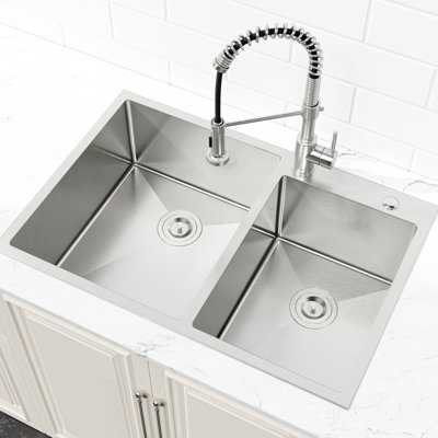 33"X19" Stainless Steel Sink - Overmount, Double Bowl, Offers Superior Durability Modern Bowl Steel, With Enhanced Resistance To Scratches