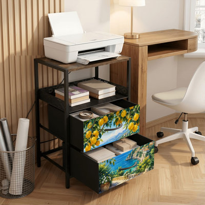 Table de chevet 2 tiroirs avec station de charge, table de chevet pour chambre avec ports USB et amp; Outlets, tablette ouverte noire, table de chevet avec des branches vibrantes de citronnier donnant sur un paysage serein