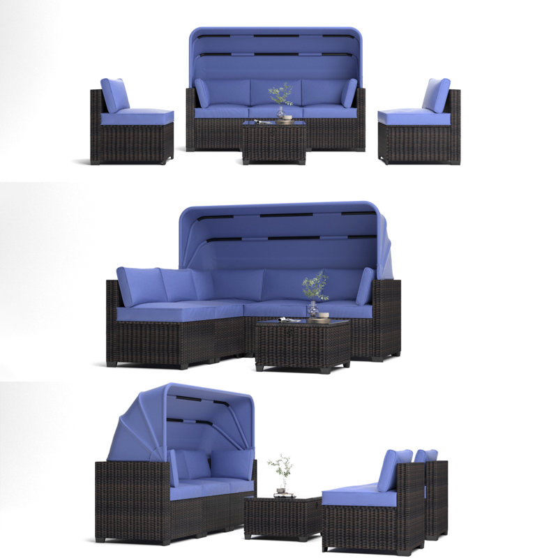 Outdoor Daybed With Canopy, Convertible Patio Sofa Set With Lifting Table, Uv-Proof Wicker Conversation Furniture With Ottoman