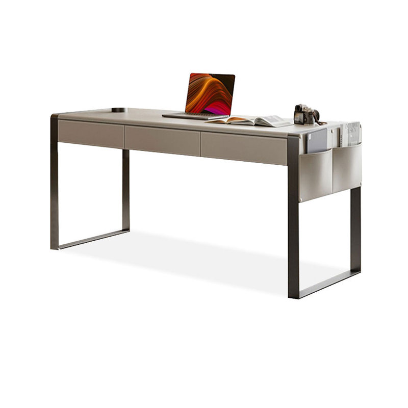 Bureau rectangulaire en bois manufacturé + acier + cuir avec 3 tiroirs, Beige, H 29,53 po x l 55,12 po x P 23,62 po