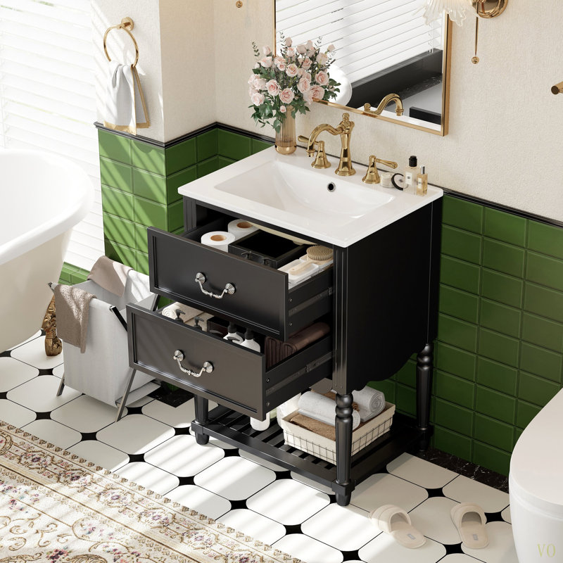 Meuble-lavabo de 24 po avec lavabo en céramique, armoire de salle de bain avec deux tiroirs à fermeture en douceur et une tablette ouverte