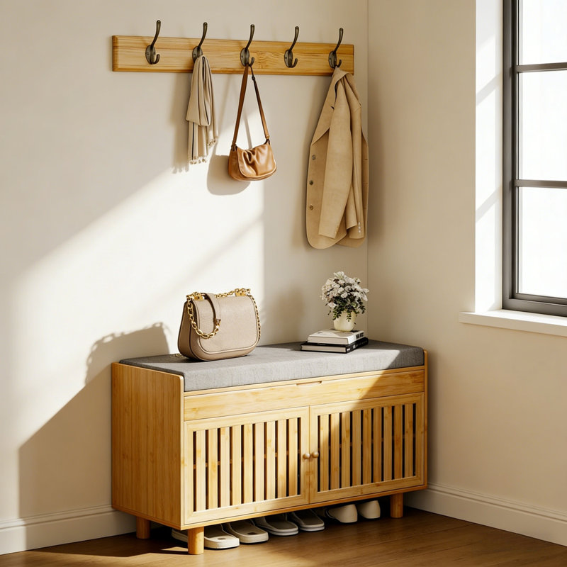 Bamboo Entryway Storage Bench With Dual Doors, Cushioned Seat & Wall-Mounted Shelf