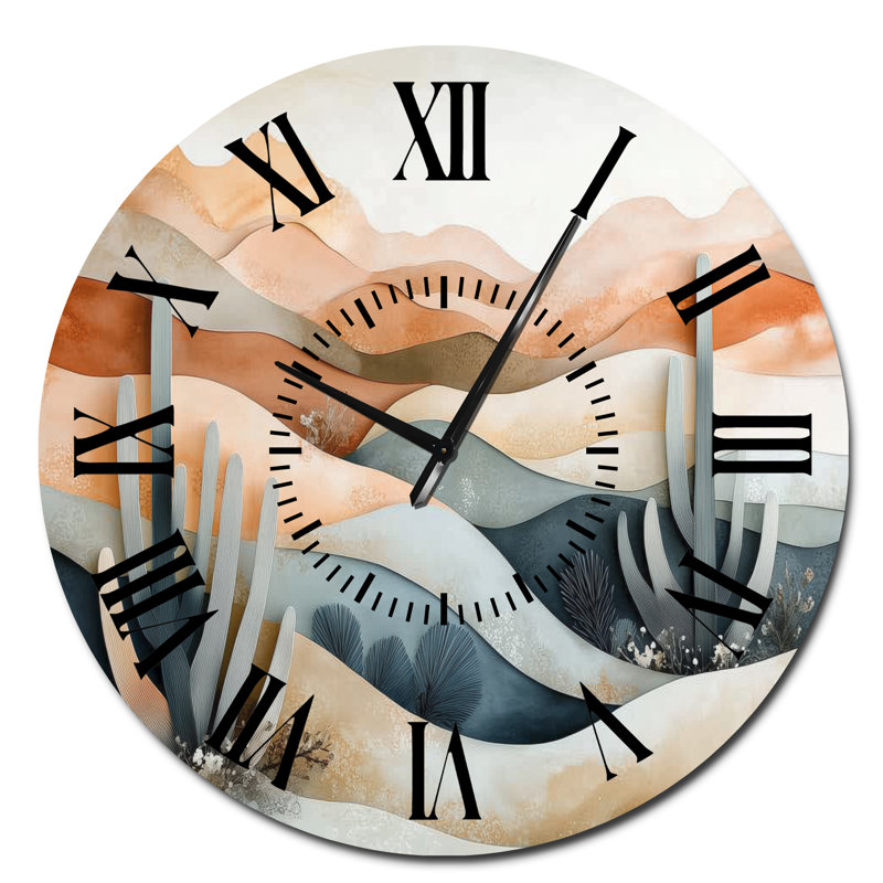 Cactus des Dunes de Papier - Horloge murale surdimensionnée en métal de style sud-ouest, Surdimensionné