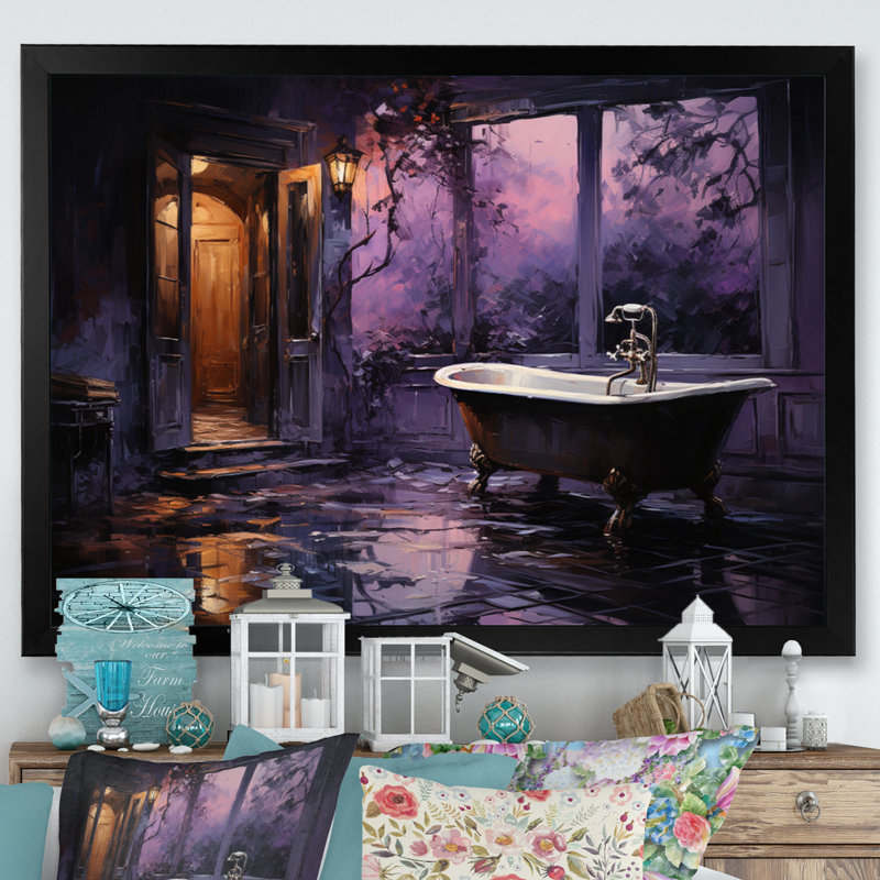 «Bathroom Midnight Serenade» - Art mural de salle de bain, H 30 po x l 40 po x P 1,5 po, Cadre simple noir
