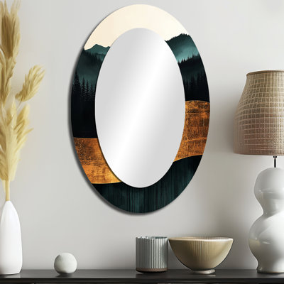Minimal Forest And Peaks Solitude Horizon I - Gold Oval Wall Mirror Decor
