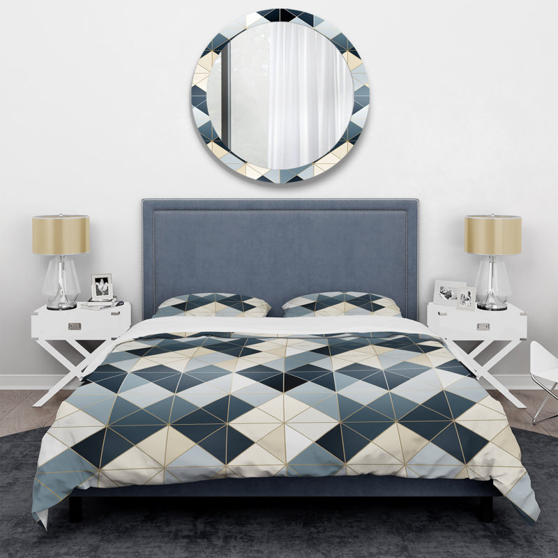 Ensemble de housse de couette en mosaïque bleu / crème, Housse de couette pour très grand lit et 2 très
