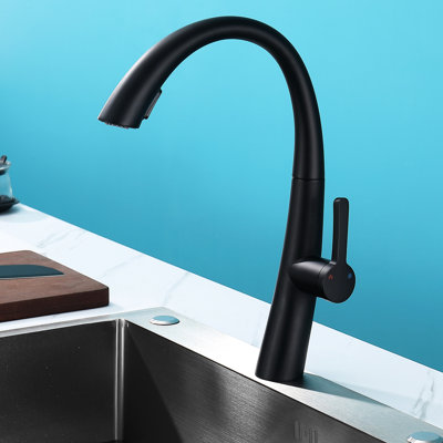 Stainless Steel Kitchen Faucet With Pull Out Spray, Matte Black, High Spout, Single Handle, Elegant Style Steel, Lever Space Design