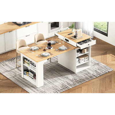 Îlot de cuisine blanc avec table de salle à manger extensible 59,5 po, rangement double face, 2 tiroirs, 1 prise de courant + 1 de type C, extension latérale 10,2 26 41,8 po, tablettes réglables, boucle en métal, mobile