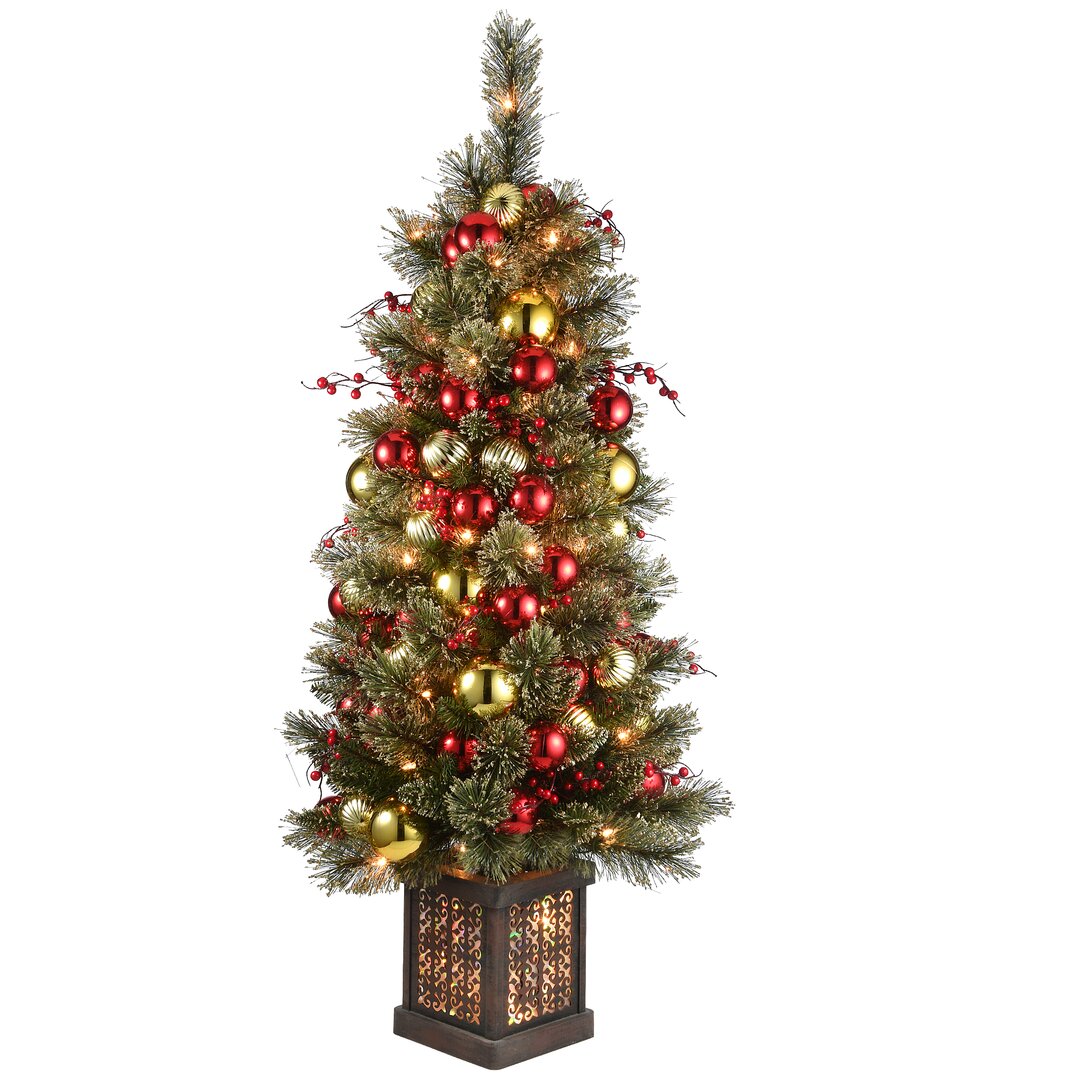 Künstlicher Weihnachtsbaum 122 cm Grün mit 100 LED-Leuchten in Transparent/Weiß und Ständer Dakota