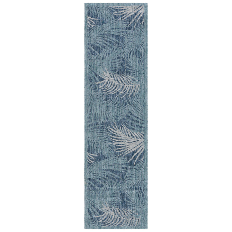 Lon Floral Machine Made Power Loom Indoor/Outdoor Area Rug in Aqua/Navy, Runner 2'3" x 8'