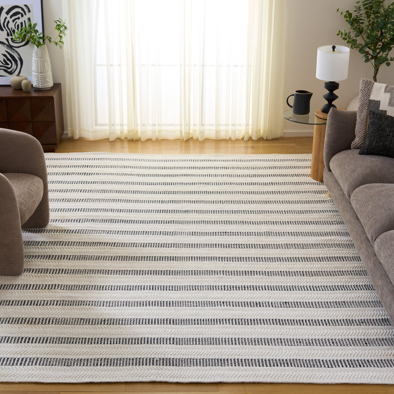Oquendo Striped Handmade Tufted Cotton/Wool Black/Ivory Area Rug, Rectangle 8' x 10'