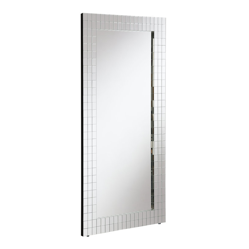 Miroir de sol décoratif avec cadre en miroir biseauté et conception de style mosaïque, dimension intérieure de L 22 po x 61 po, largeur de 32 po, hauteur de 71 po, profondeur de 2 po, poids de 68 lb, couleur principale argentée, matériau mosaïque, biseauté,