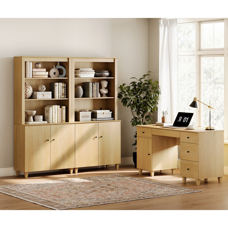 Lysiane Executive Desk Office Set with Bookcase, Oak