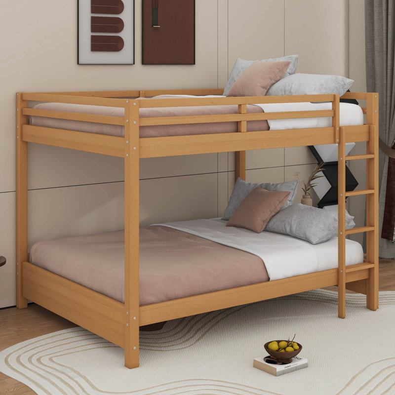 Queen Size Bunk Bed With Ladder And Trundle, Wood Color