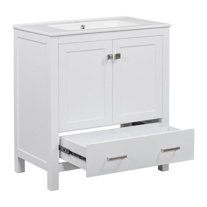 30" Bathroom Vanity With sink, double-door cabinets, and drawers, White
