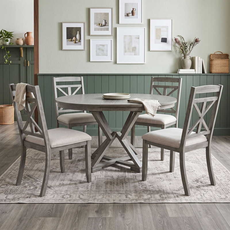 Ensemble de table de salle à manger 5 pièces avec table ronde extensible et 4 chaises rembourrées, Gris