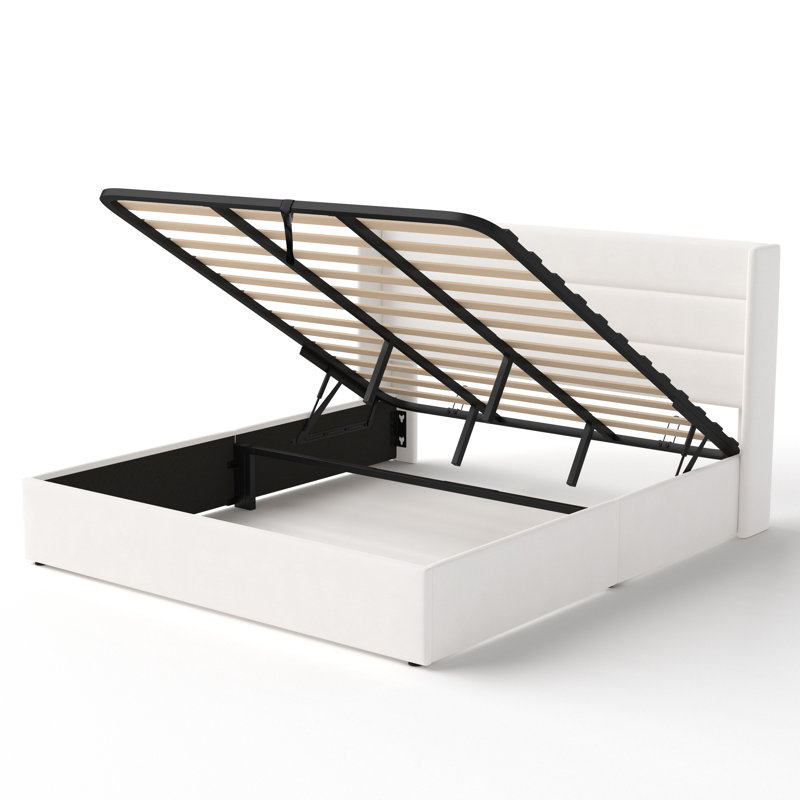 Structure de lit plateforme tapissier avec rangement relevable, Blanc, Très grand