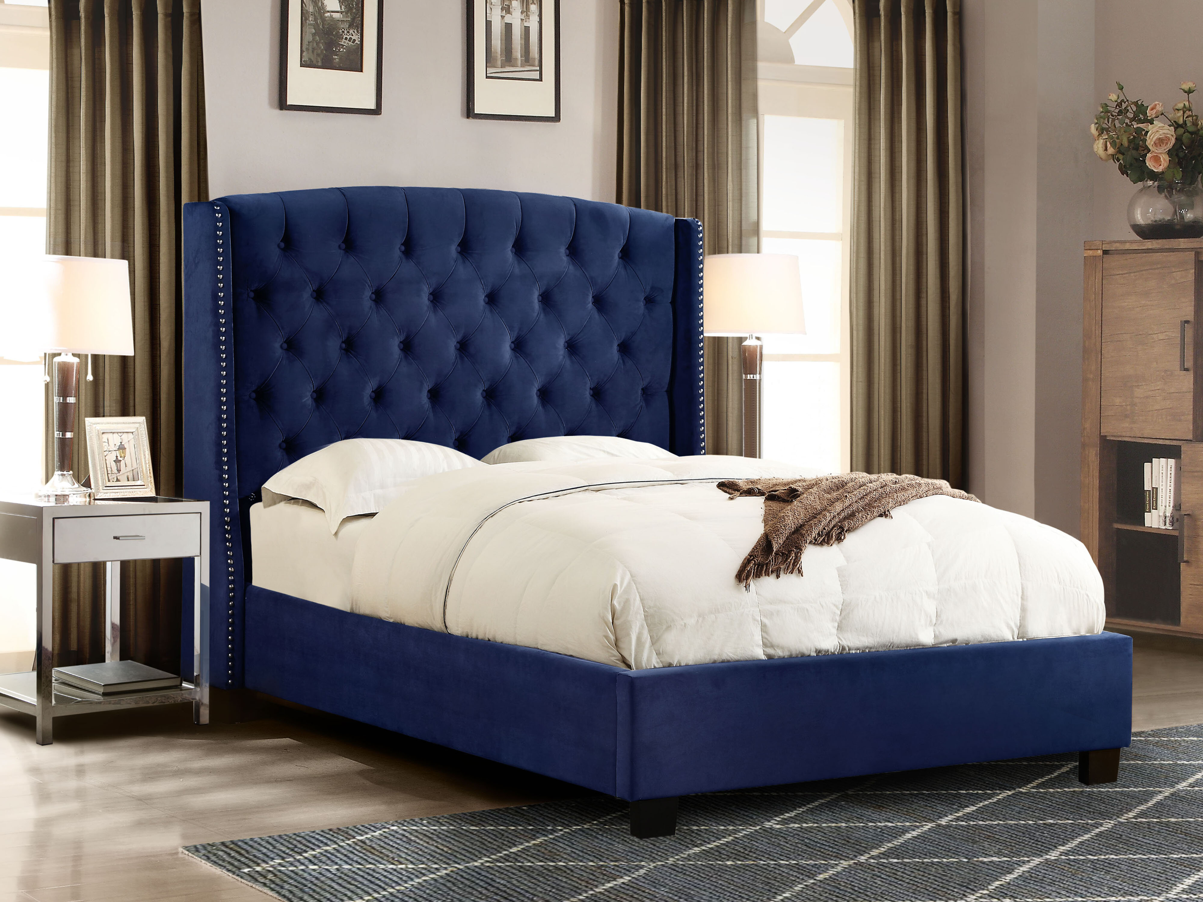 Dark blue store upholstered bed