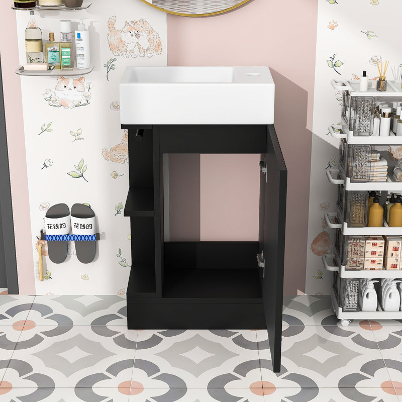 Meuble-lavabo en bois avec lavabo, tablettes de rangement et portes, Noir
