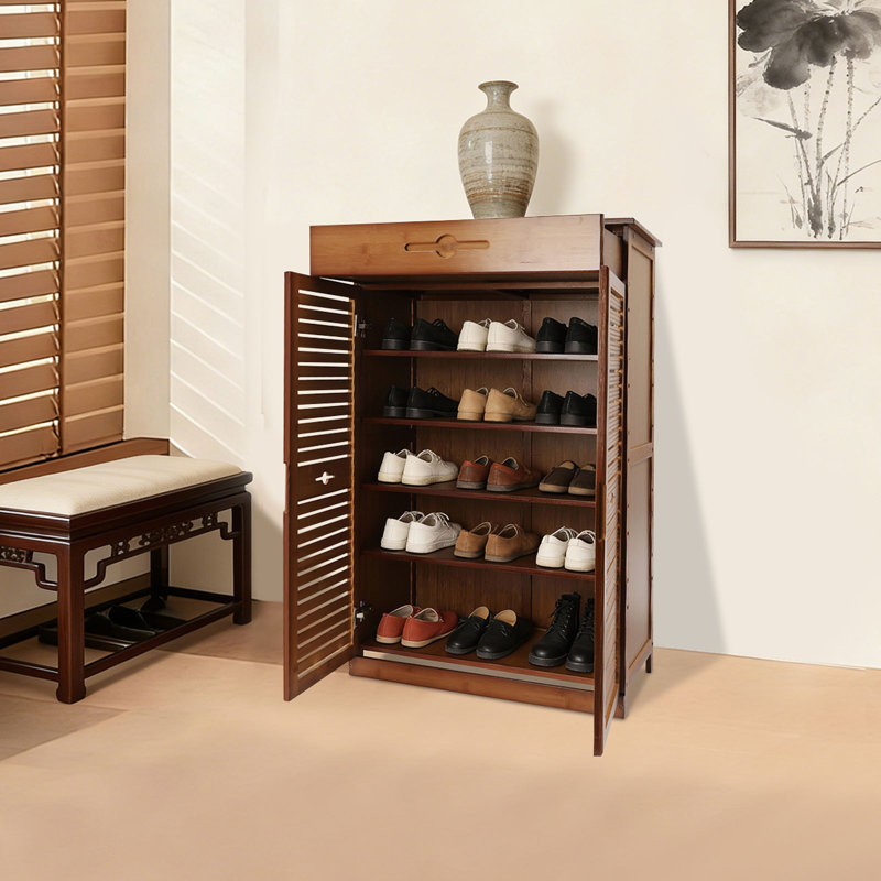Range-chaussures en bambou avec rangement à 5 niveaux et 1 tiroir et 2 portes