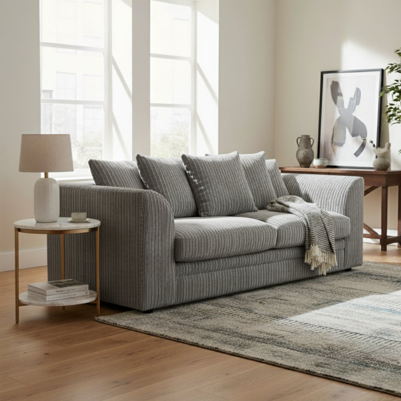 3 Seater Jumbo Cord Sofa – Small Back Sectional With Fixed Cushions & Deep Seating For Living Room Comfort, Silver