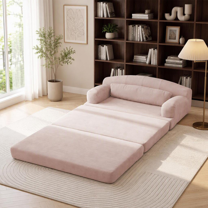 Canapé-lit pliable deux places en velours côtelé - Canapé convertible en mousse haute densité, Baby Pink