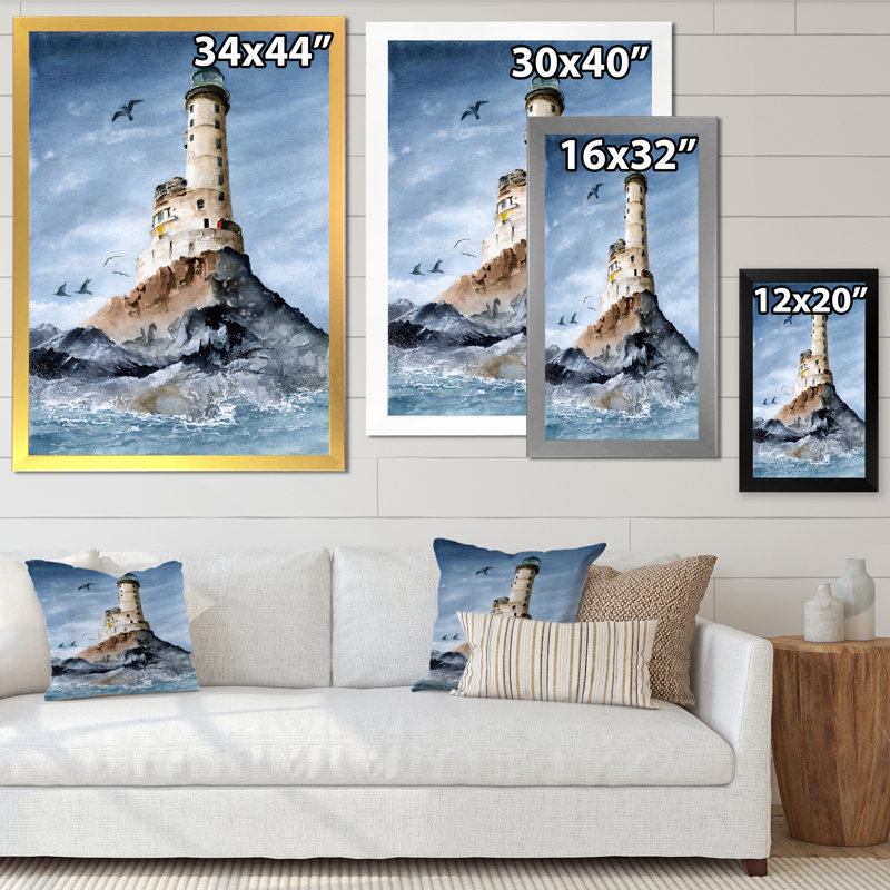 Le phare du cap Aniva sur l'île rocheuse - reproduction sur toile, H 32 po x l 16 po, Toile avec cadre de coin noir fermé