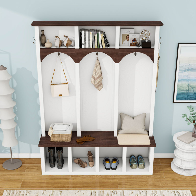 Arbre d'entrée de style ferme en bois avec design arqué, 5 crochets et 7 compartiments ouverts, Blanc