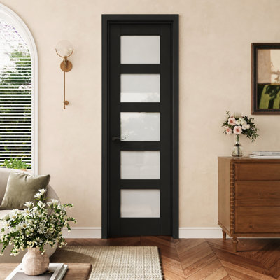 24" x 80" 5-Lite Black Prehung Door, Frosted Glass Interior Prehung Door with Black Hinges, Privacy Glass Door Slab with Black Frame, Sound-Dampening & Waterproof, Suit For Laundry, Bathroom, Kitchen, Closet Doors, Room Doors, Right Hand