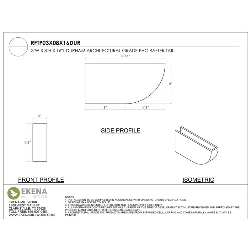 Standard Durham Architectural Grade PVC Rafter Tail, 8"H x 3"W x 16"D