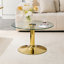 Table basse ronde en verre trempé de 27,5 pouces de diamètre. 17,7 pouces de haut, soutenu par une base en métal doré, avec un bord de luxe léger.-381540071