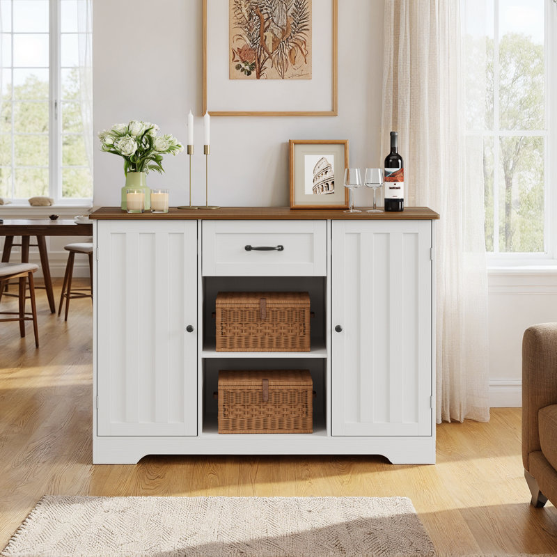 Buffet avec 2 armoires, 1 tiroir et tablettes ouvertes, Blanc / brun rétro