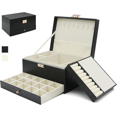 Boîte à bijoux pour organisateur de bijoux - grande boîte à bijoux en cuir 3 couches avec doublure en velours, parfaite pour les boucles d'oreilles, bagues, colliers, bracelets et montres