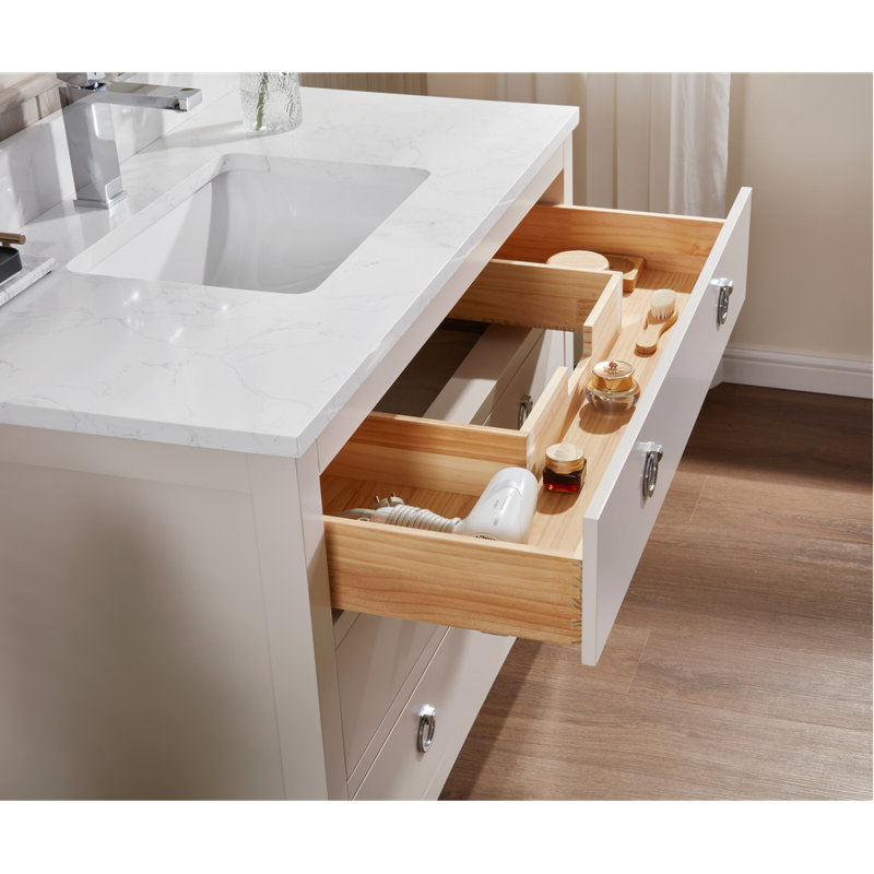 42" Solid Wood Bathroom Vanity with 1" Engineered Marble Top, Single Sink, Polished Chrome, Dreamy White, 42"