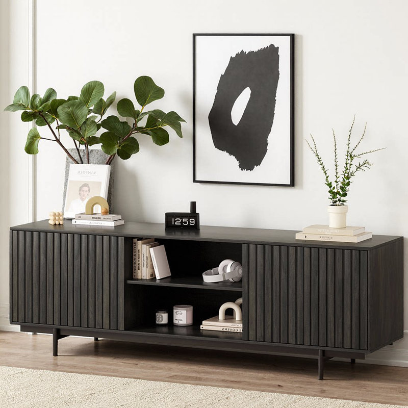 Mid Century Storage TV Stand For Tvs Up To 75", Black
