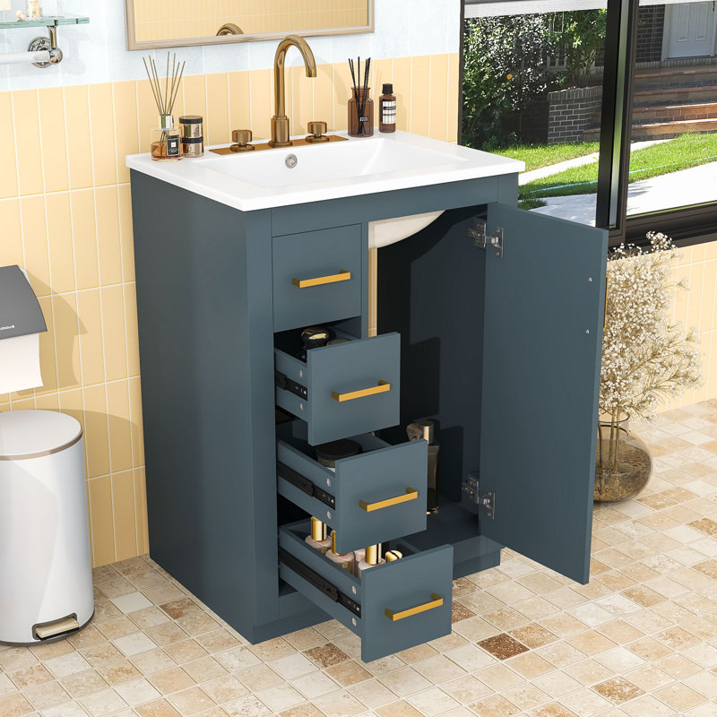 Meuble-lavabo compact de 24 pouces avec lavabo en céramique intégré et 3 tiroirs à fermeture en douceur, Blue