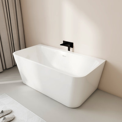 HIGEINE 55"  Acrylic Freestanding Bathtub, Deep Soaking Tub, Modern Back To Wall Tub with Integrated Center Drain and Overflow