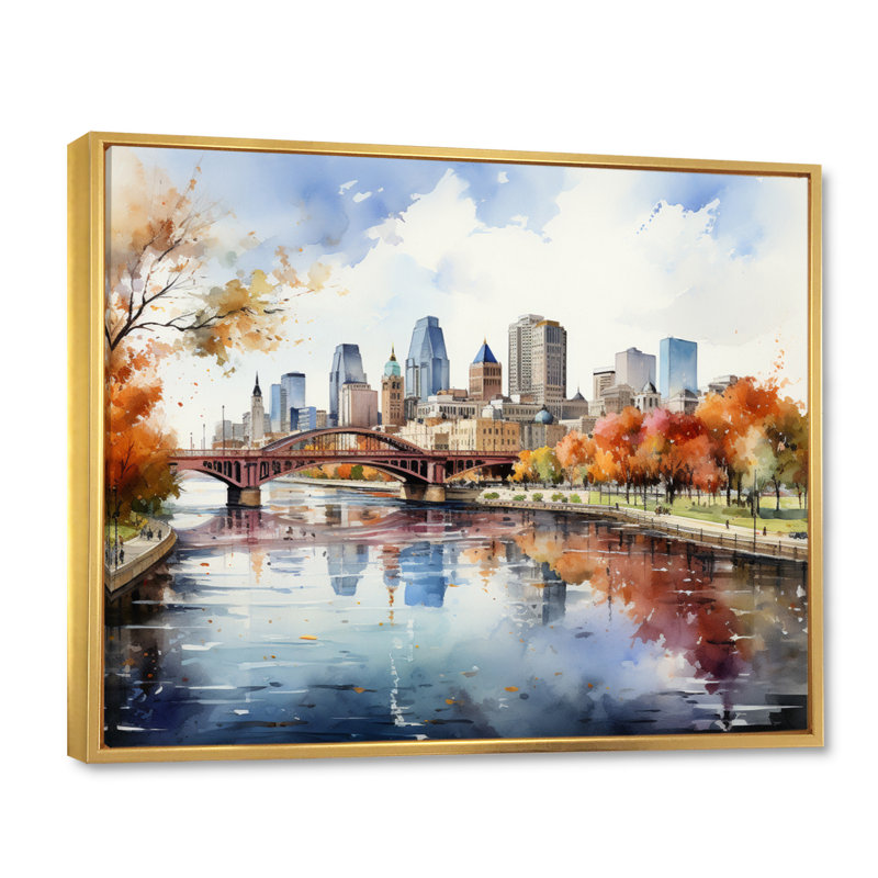 Minneapolis en automne I, H 12 po x l 20 po x P 1 po, Cadre flottant doré