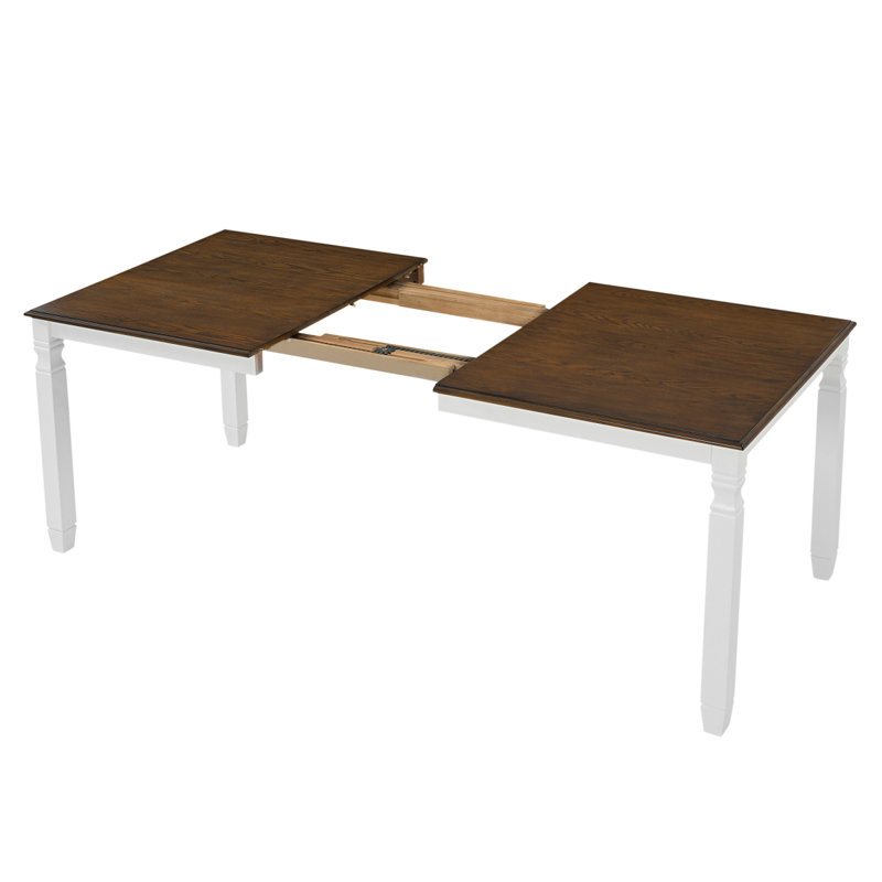 Table de salle à manger extensible de 59 à 77 po pour 4 à 6 personnes, plateau en bois aggloméré peint, table de cuisine de style campagne moderne, pieds en bois d'hévéa massif, peu encombrant pour la cuisine, la salle à manger, le plateau brun et la base beige