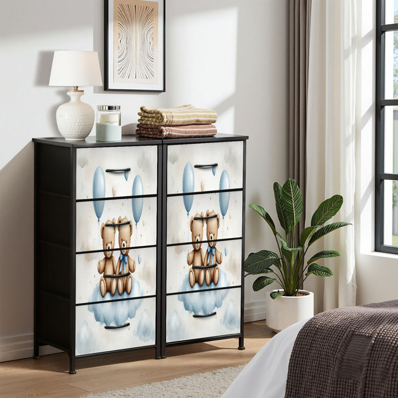 Commode pour commode de chambre à coucher pour garde-robe aquarelle fantaisiste, oursons en peluche, ballons bleus, nuages doux Commodes et commodes de rangement en tissu