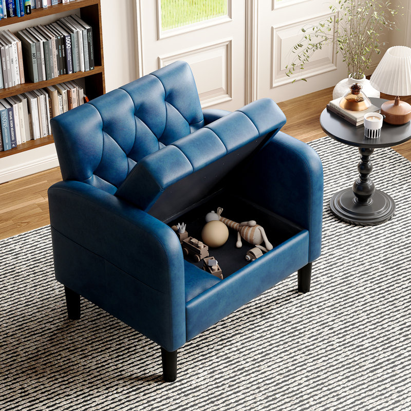 Faux Leather Tufted Accent Chair With Hidden Storage, Blue