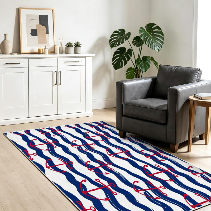 Tapis bleu marine bleu marine lavable à la machine avec ancre rouge, Rectangle 39 po x 63 po