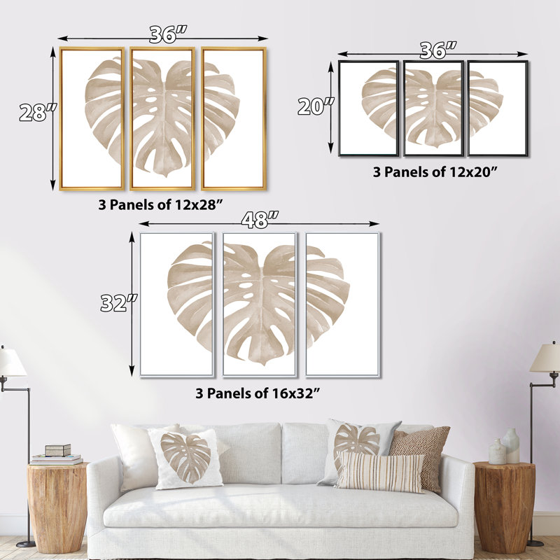 Ivoire pastel Monstera en forme de feuille tropicale en forme de cœur - 3 pièces, reproduction sur cadre flottant sur toile