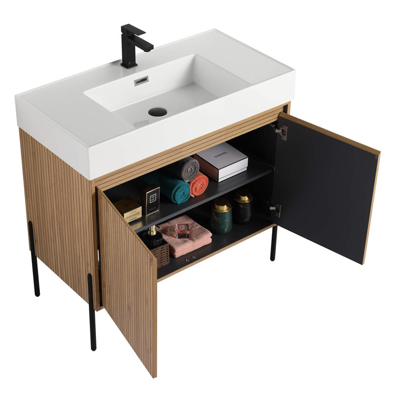Ebern Designs Yordana Bathroom Vanity 36" Wide, White, Oak