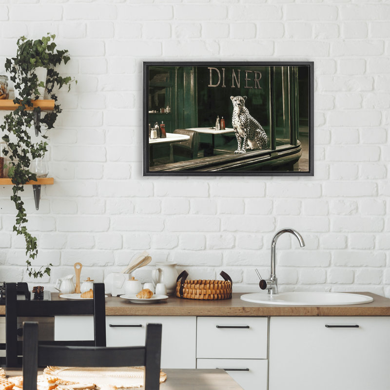 Cadre flottant Diner Sentry Leopard, design par Annabelle Hall, Cadre flottant noir de jais, H 17 po x l 25 po