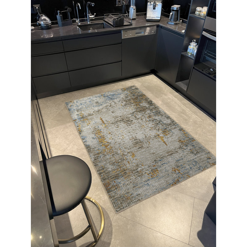 Tapis décoratif moderne à motif abstrait beige et gris, Tapis de couloir 3 pi 3,37 po x 6 pi 6,74 po
